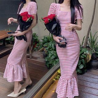Short-sleeve Check Midi Mermaid Dress