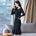 Button Detail Long-sleeve Knit Dress Black - One Size