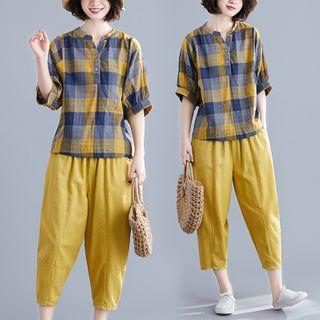 Set : Short-sleeve Plaid Shirt + Plain Capri Harem Pants