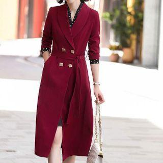 Tie-waist Long Coat / Dotted Blouse / Pencil Skirt / Set