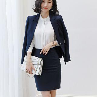 One Button Blazer / Straight-cut Dress Pants / Rhinestone Blouse / Pencil Skirt / Set