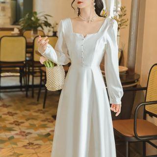 Lantern-sleeve Notch-neck Midi A-line Dress
