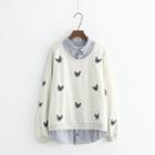 Mock Two Piece Cat Embroidered Striped Panel Pullover