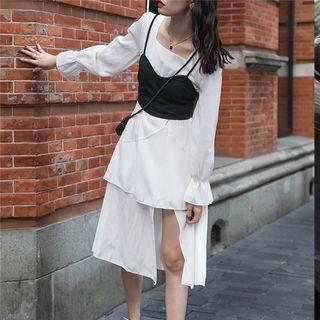 Set: Long-sleeve Tiered Midi A-line Dress + Camisole Top