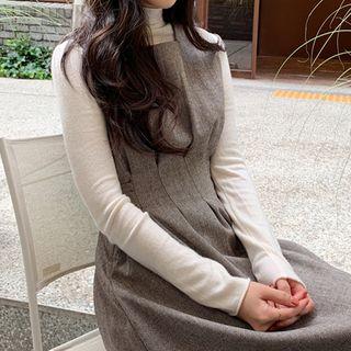 Pintuck-waist Herringbone Midi Pinafore Dress Brown - One Size