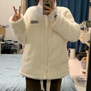 Lettering Patch Fluffy Zip Jacket
