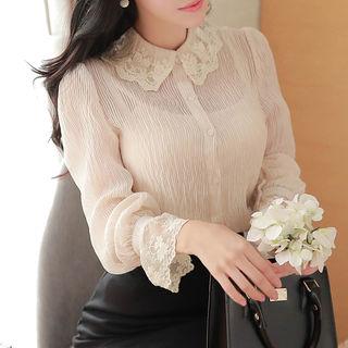 Lace-collar Bishop-sleeve Sheer Blouse