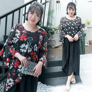 Set: Floral Print Bell-sleeve Chiffon Blouse + Camisole Top
