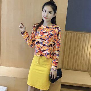 Set: Long-sleeve Camo Top + Fitted Skirt