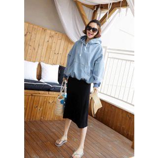 Set: Hooded Denim Top + Banded-waist Shorts