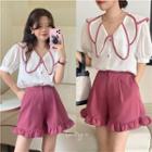 Short-sleeve Contrast Trim Blouse / Frill Trim Shorts