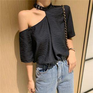 Halter Off-shoulder Plain T-shirt Navy Blue - One Size