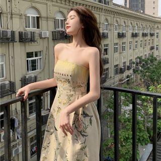Strapless Floral Embroidered Midi Dress Almond - One Size
