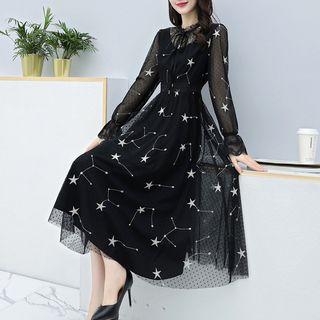 Mock Two-piece Bell-sleeve Midi Mesh Dress
