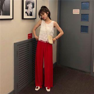 Set: Sleeveless Fringed Top + Wide-leg Chiffon Pants