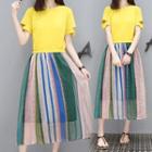 Set: Plain Cut Out Detail Short Sleeve T-shirt + Striped Midi A-line Skirt