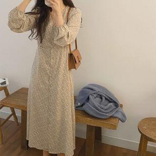 Long-sleeve Floral Print Button-up Midi Dress