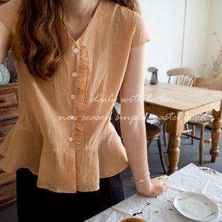 Cap-sleeve Frill-trim Blouse Orange - One Size