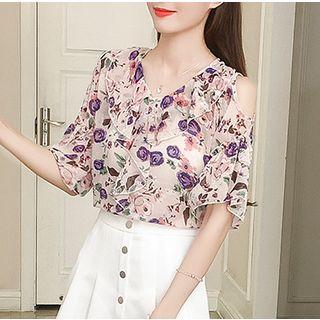 Flower Print Cutout Shoulder Elbow-sleeve Top