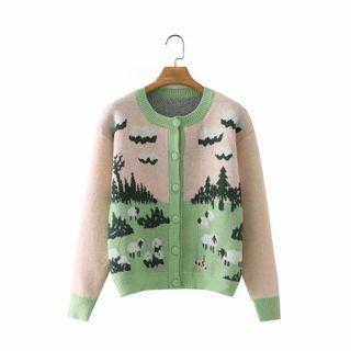 Round Neck Print Cardigan Beige & Green - One Size