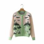 Round Neck Print Cardigan Beige & Green - One Size