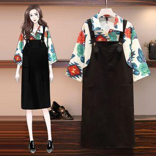 Set: Elbow-sleeve Floral Print Shirt + Jumper Dress