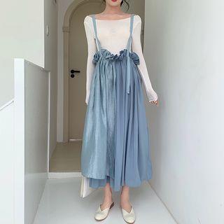 Tie-back Off Shoulder Long Sleeve Top / Ruffle Trim Skirt