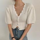 Puff Sleeve V-neck Knitted Cropped Top