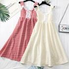 Sleeveless Lace-trim Checked A-line Dress