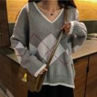 V-neck England-argyle Knit Sweater