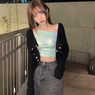 Long-sleeve Mock Two-piece Halter Neck Top Black - One Size