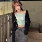 Long-sleeve Mock Two-piece Halter Neck Top Black - One Size