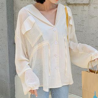 Flap-pocket Tie-waist Boxy Sheer Jacket