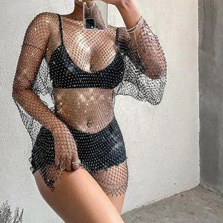 Rhinestone Alloy Mesh Top 0078 - Black - One Size