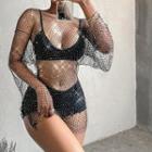 Rhinestone Alloy Mesh Top 0078 - Black - One Size