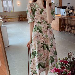 V-neck Tie-waist Floral Print Shirtdress