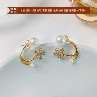 Flower Rhinestone Faux Pearl Alloy Earring A0558 - 1 Pair - Gold - One Size