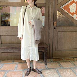 Long-sleeve Pleated Midi Shirtdress / Knit Long Vest
