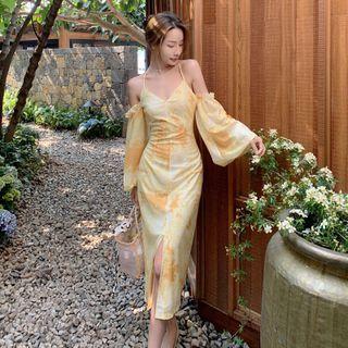 Cold-shoulder Tie Dye Midi Sheath Dress