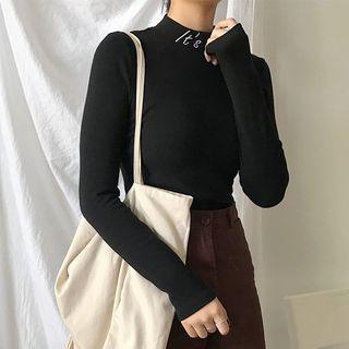 Letter Mock-neck Fleece-lined Long-sleeve T-shirt
