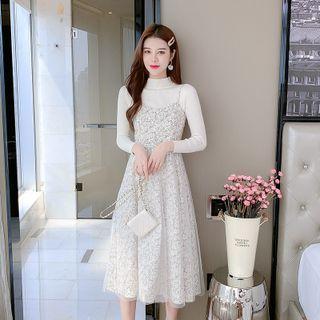 Set: Mock Neck Plain Knit Top + Sleeveless Printed A-line Dress