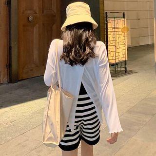 Open Back Long-sleeve Mesh Top / Drawstring Striped Shorts
