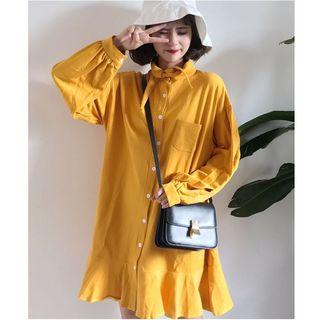 Ruffle Hem Long-sleeve Shirt Dress