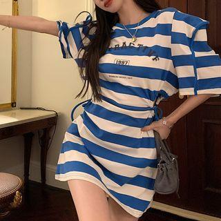 Short-sleeve Striped Mini T-shirt Dress Stripe - Blue & White - One Size
