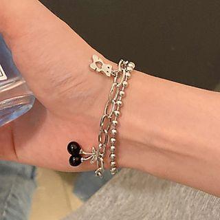 Bear Cherry Pendant Stainless Steel Bracelet S312 - Silver & Black - One Size