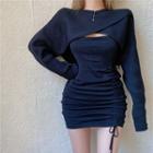 Set: Long-sleeve Knit Crop Top + Spaghetti Strap Drawstring Mini Bodycon Dress