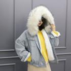 Detachable Faux-fur Hooded Denim Jacket Blue - One Size