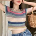 Short-sleeve Striped Top Blue - One Size