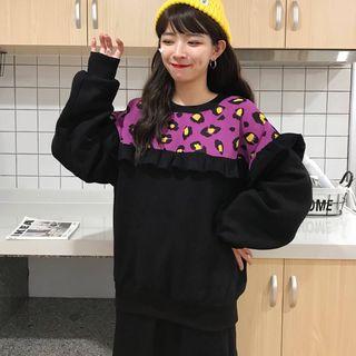 Frilled Trim Leopard Print Panel Pullover Black - One Size