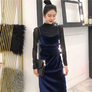 Mock Turtleneck Long-sleeve Glitter Top / Spaghetti Strap Midi Velvet Dress